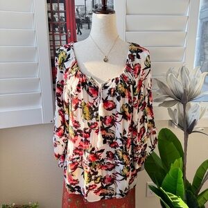 Rachael & Chloe. Size L. Floral Peasant Blouse in White, Red & Yellow